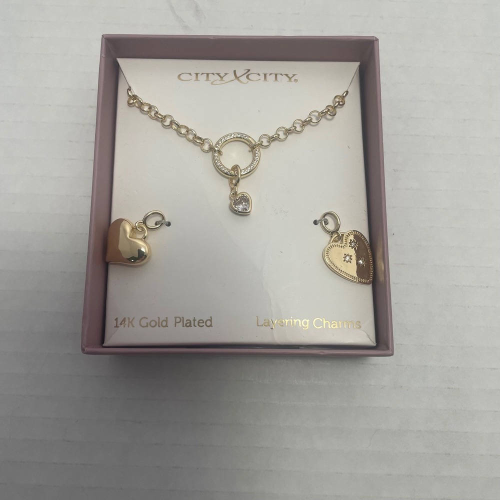City by City 14K Gold Plated Necklace Layering‎ Charms Heart Pendant Set NWT